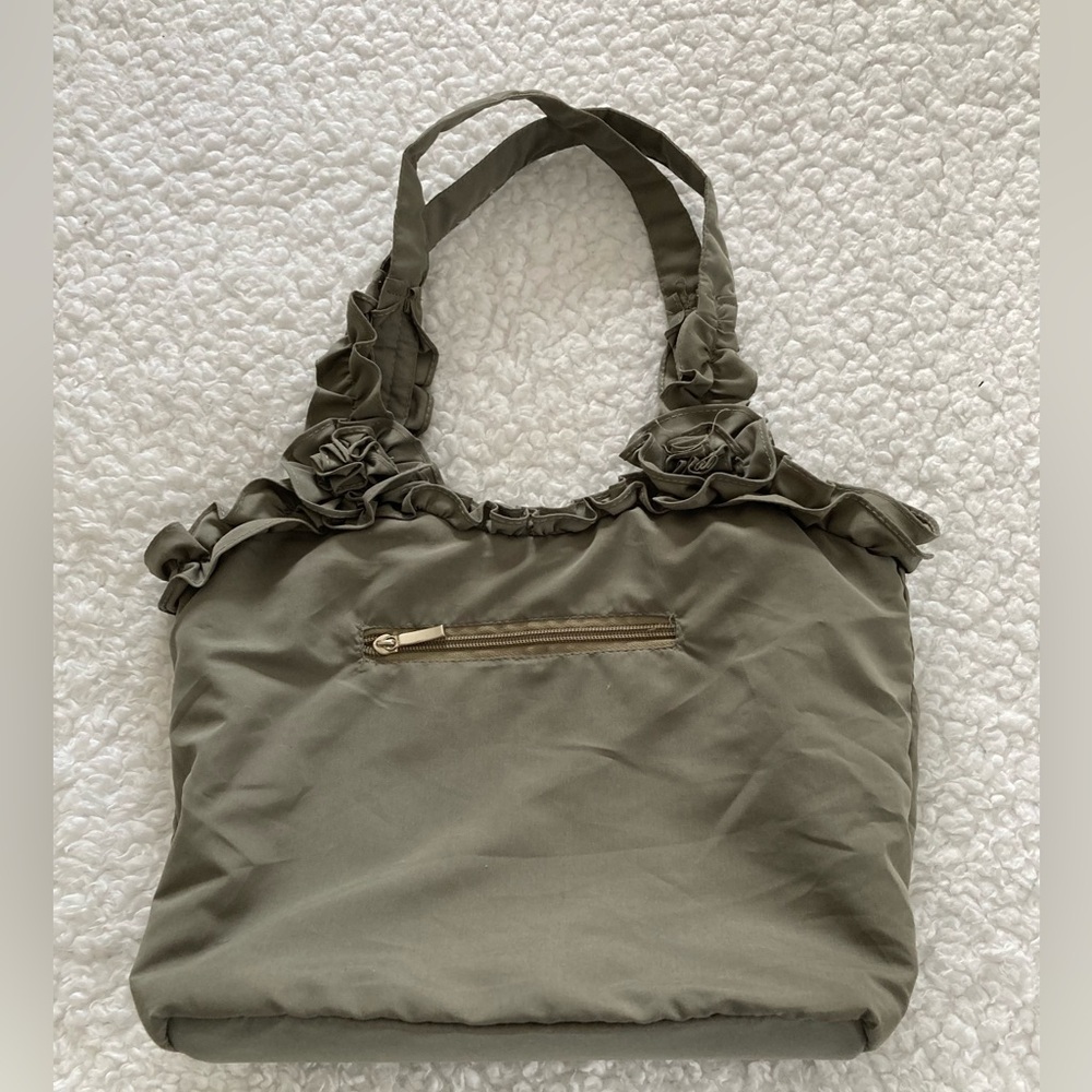 Joy Susan floral appliqués olive green fabric shoulder bag/purse - Picture 2 of 9